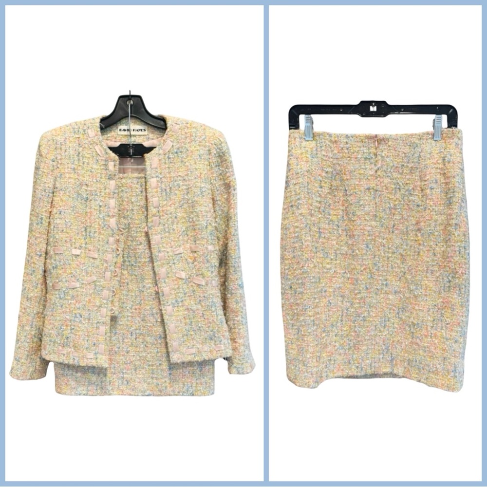 David Hayes Women’s Vintage Silk Blazer & Skirt Set. Pink, Blue, Gold. Size 6